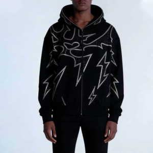 Custom Manufacturer Heavyweight 500gsm Oversized Hoodie Custom Rhinestone Graphic Print Zipper with Fur Collar Men's Hoodie