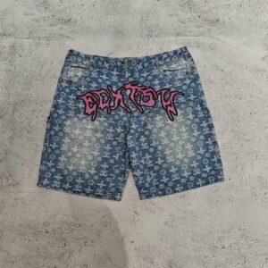 Custom Manufacturer Jorts Printed Short Jeans Streetwear Vintage Black Washed Baggy Denim Shorts for Men