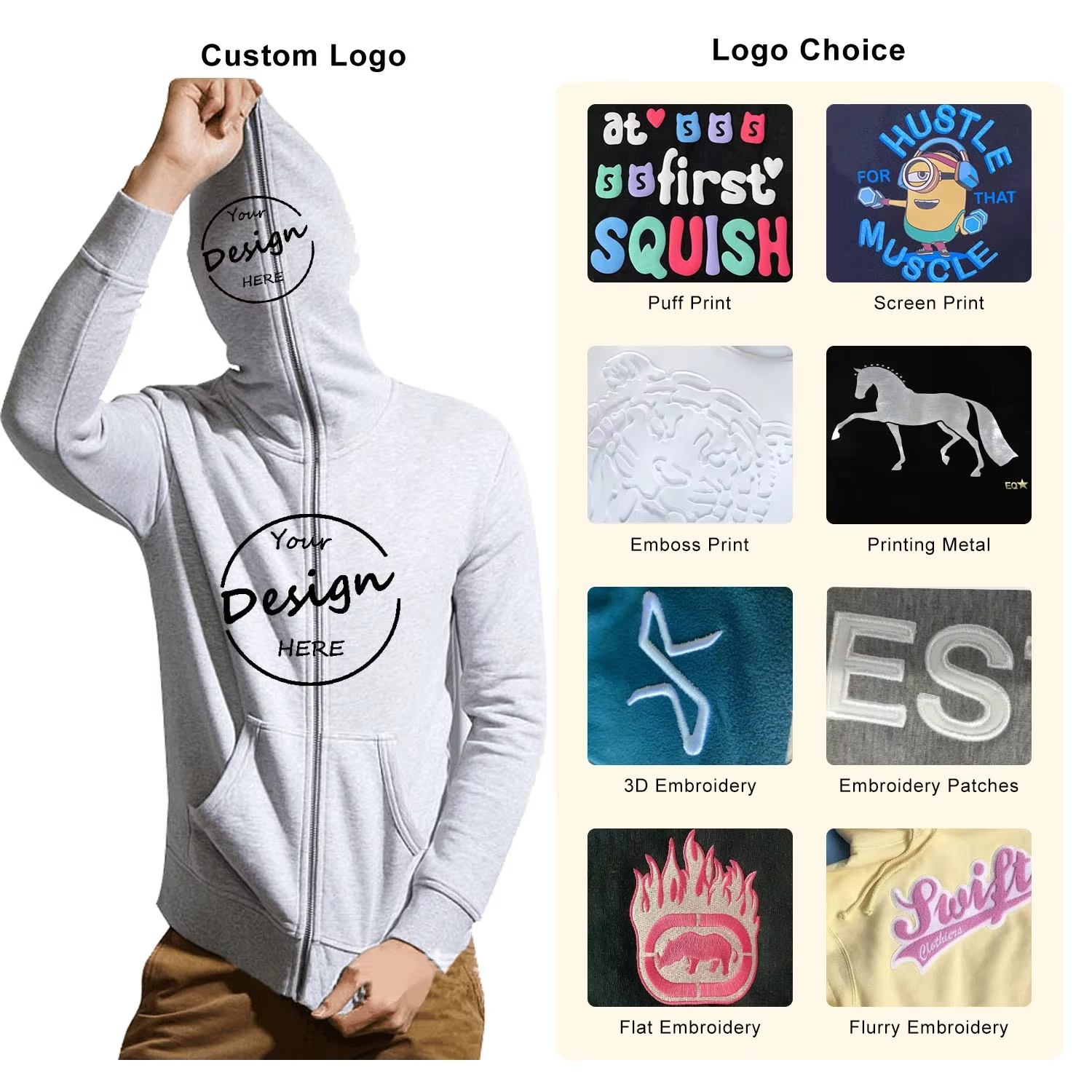 Custom Manufacturer Y2K Men French Terry 100% Cotton Low Minimum Oversized 3D Logo Full Face All Zip up Hoodie Puff Print - Image 3