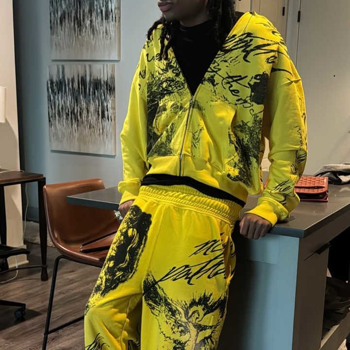 Custom Men Sweatsuit Tracksuits All Over Graffiti Print Vintage Acid Wash Zip Up Hoodies and Sweat Pants Set for Adults - Image 4