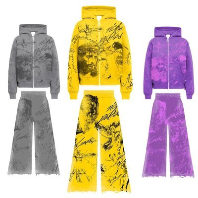Custom Men Sweatsuit Tracksuits All Over Graffiti Print Vintage Acid Wash Zip Up Hoodies and Sweat Pants Set for Adults - Image 2