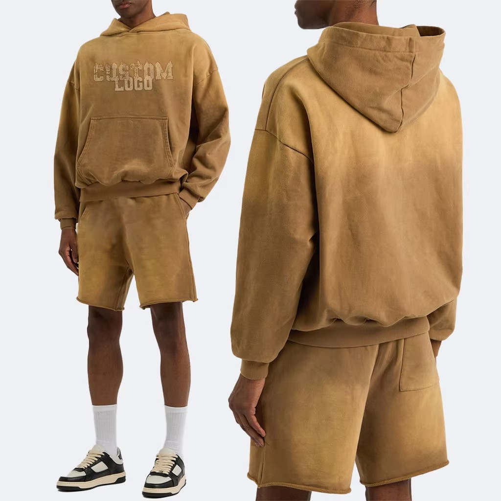 Custom Mens Oversized Hoodies Tracksuit 100% Cotton logo Acid Wash Distressed Hoodie Manufacturers Black 500gsm Print for Man - Image 3