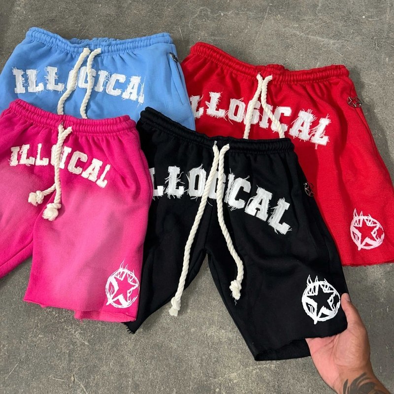Custom Mens Streetwear Thick Drawstring Vintage Applique Sweat Short Cut Edge Acid Wash - Image 2