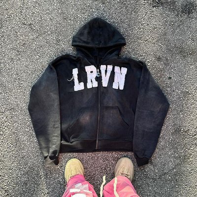 Custom Oversized 500gsm Acid Washed Zip Up Distressed Letter Patchwork Embroidery Hoodies - Image 5