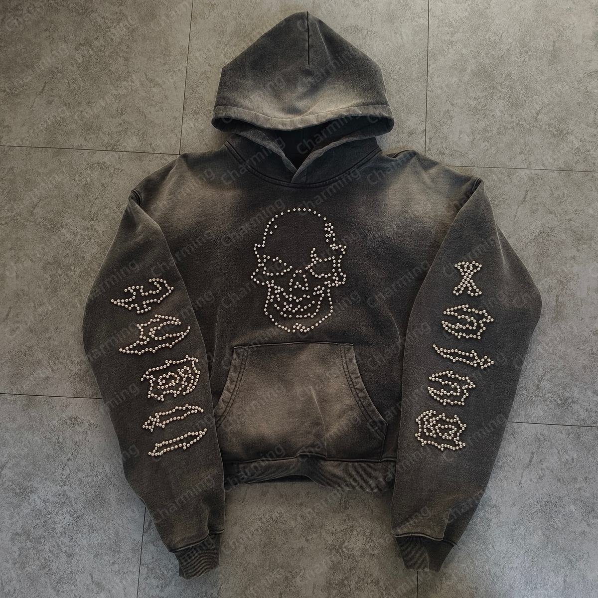 Custom Rhinestone Winter Hoodie Skull Studded Woven Brushed Screen Printed Graphic Extreme Embroidery Men MOQ10 - Image 6