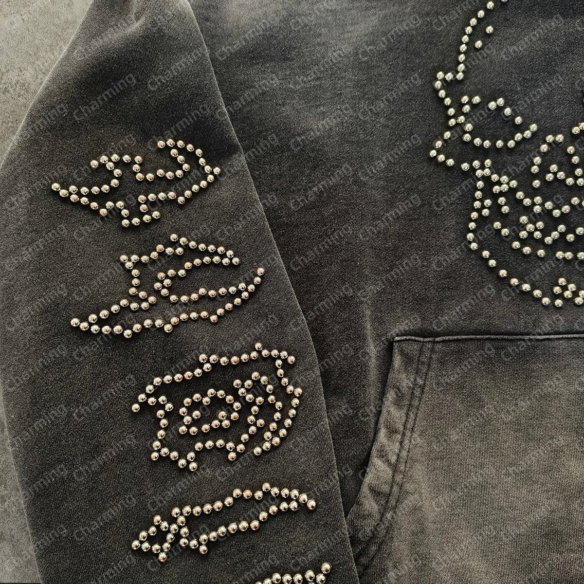 Custom Rhinestone Winter Hoodie Skull Studded Woven Brushed Screen Printed Graphic Extreme Embroidery Men MOQ10 - Image 4