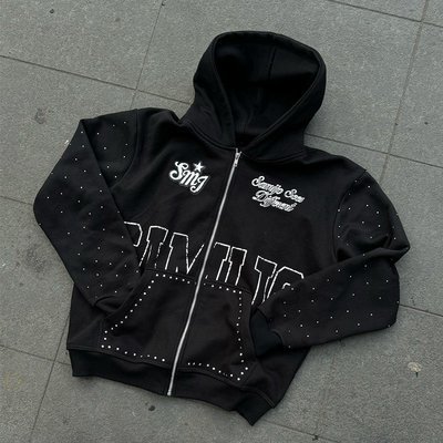 Custom Rhinestone Zip Up Hoodie 450 gsm Thick Heavy Weight Screen Printing Logo Streetwear Zipper Hoodies Men - Image 4