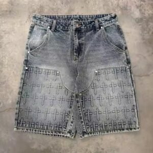 Custom Spray Washed Men Streetwear 3D Embossing Jorts Baggy Men's JHalf Short Jeans Carpenter Denim Jean Shorts