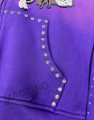 Custom Streetwear Vintage Washed Hoodies Sun Faded Patchwork Studded Rhinestone Boxy Cropped Zip up Hoodie for Men - Image 3