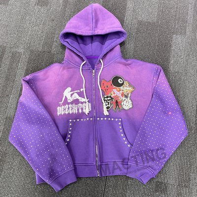 Custom Streetwear Vintage Washed Hoodies Sun Faded Patchwork Studded Rhinestone Boxy Cropped Zip up Hoodie for Men