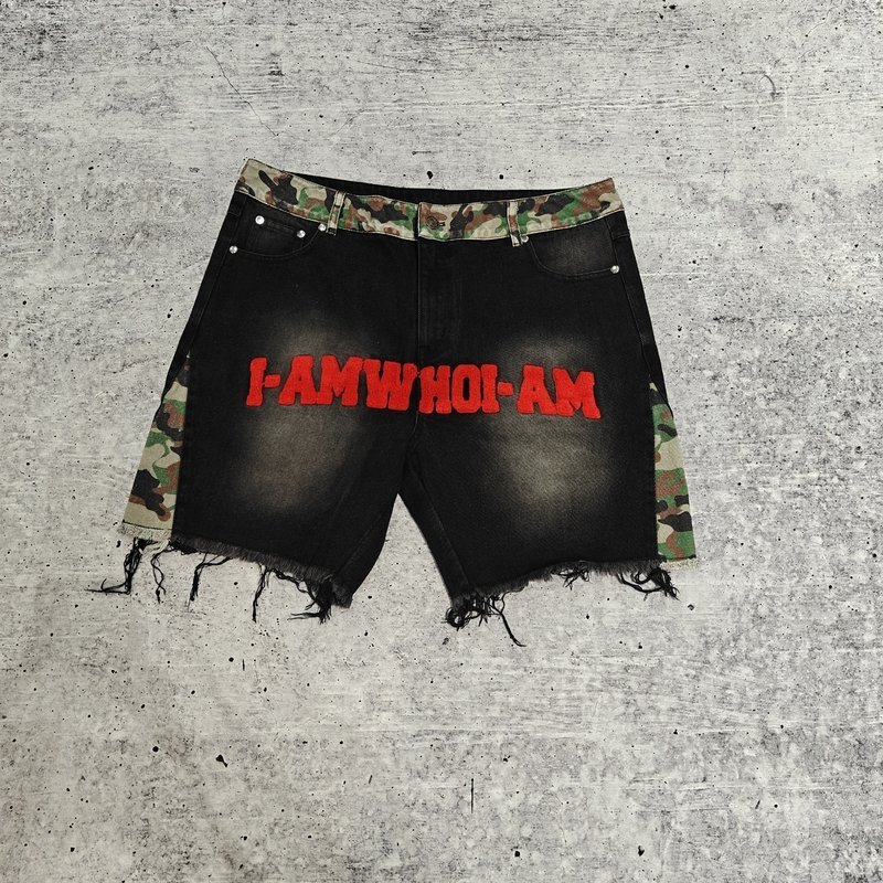Custom Towel Embroidery Patches Logo Camo Baggy Jorts Streetwear High Quality Raw Hem Vintage Denim Jean Shorts for Men - Image 3