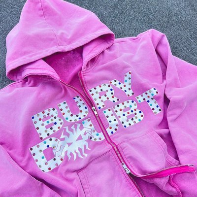 Custom Vintage Washed Fleece French Terry Heavyweight Thick Crystal Rhinestone Double Zip Up Hoodie Men - Image 6