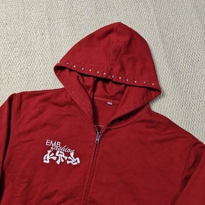 Custom Washed Red Hoodie Distressed Embroidery Cotton French Terry Gemstone Pearls Oversized Boxy Zip Up Hoodies for Men - Image 6