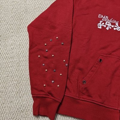 Custom Washed Red Hoodie Distressed Embroidery Cotton French Terry Gemstone Pearls Oversized Boxy Zip Up Hoodies for Men - Image 4