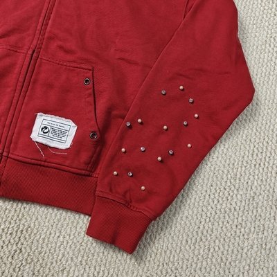 Custom Washed Red Hoodie Distressed Embroidery Cotton French Terry Gemstone Pearls Oversized Boxy Zip Up Hoodies for Men - Image 2