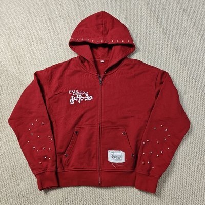 Custom Washed Red Hoodie Distressed Embroidery Cotton French Terry Gemstone Pearls Oversized Boxy Zip Up Hoodies for Men - Image 7