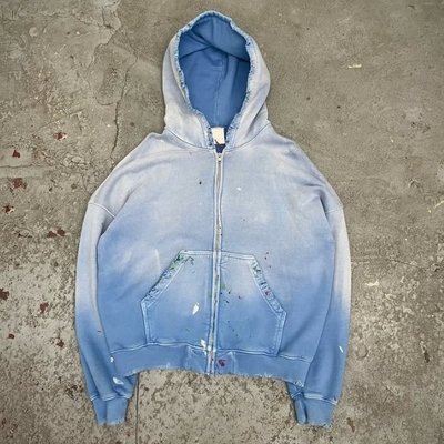 Custom Washed Sun Faded Distressed Mens Cropped Cotton Terry Heavyweight 420 Gsm Zip Up Rivet Studded Rhinestone Hoodie - Image 4