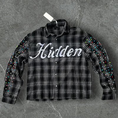 Custom Winter Warm Plaid Shirts Embroidery Long Sleeve Oversized Diamond Acid Wash Rhinestone Button Up Flannel Shirts Men - Image 6