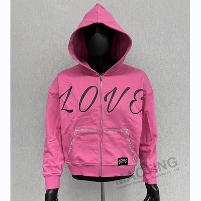 Custom Y2K Streetwear 100% Cotton Heavyweight Oversized Hoodies Silk Screen Printing Rhinestone Boxy Zip Up Hoodie