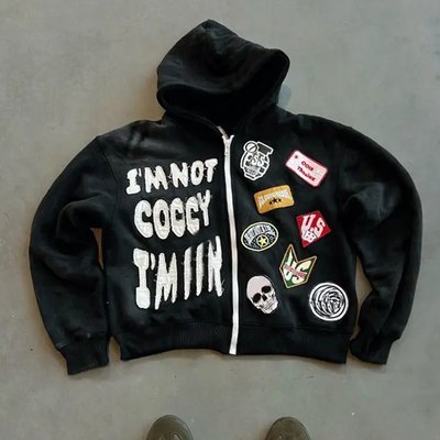 Custom Zip Up Heavyweight Cotton Terry Hoodie with Box Fit and Distressed Patch Embroidery Seasonal Essential