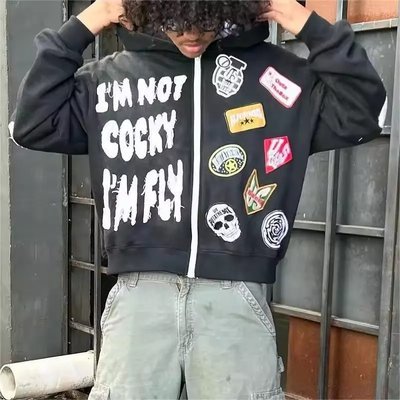 Custom Zip Up Heavyweight Cotton Terry Hoodie with Box Fit and Distressed Patch Embroidery Seasonal Essential - Image 2
