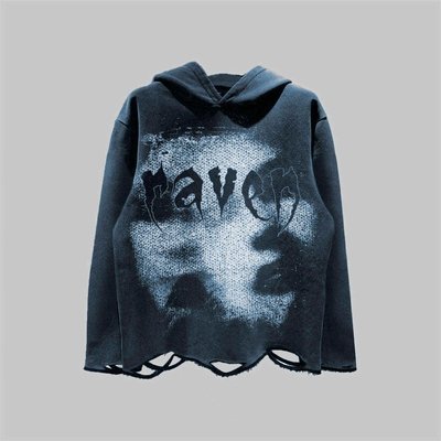 Dtg Pullover Hoodie Acid Wash Distressed Ripped Raw Hem Crop Hoodie Men Needle Detection Fabric 500grams - Image 2