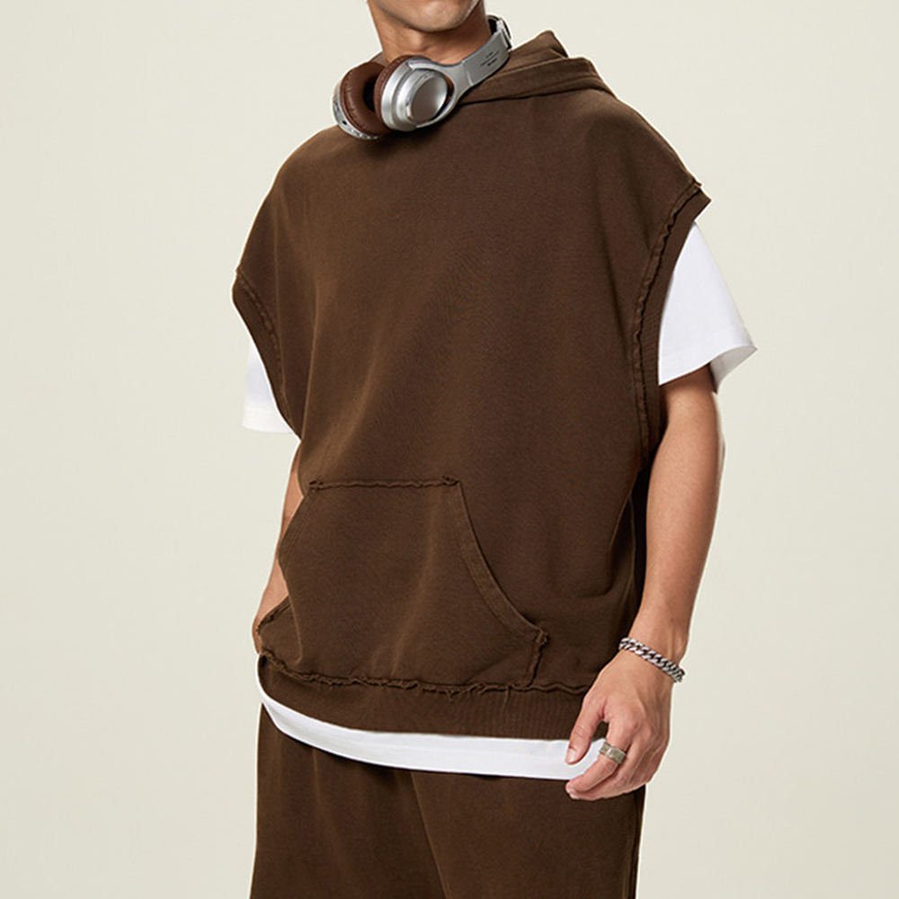 European and American Washed Hooded Sleeveless Vest and Shorts Street Style Men's Tank Top and Shorts Set - Image 3