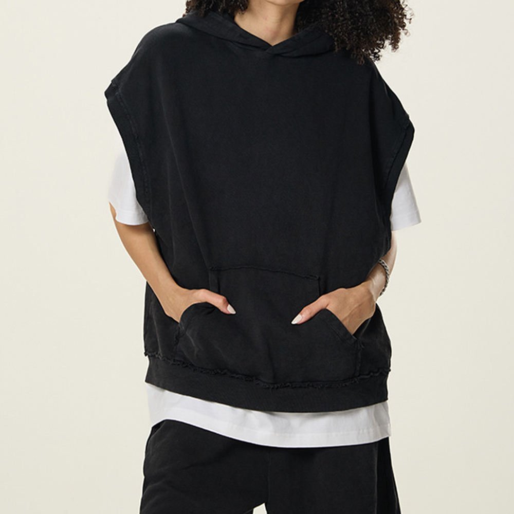 European and American Washed Hooded Sleeveless Vest and Shorts Street Style Men's Tank Top and Shorts Set - Image 5
