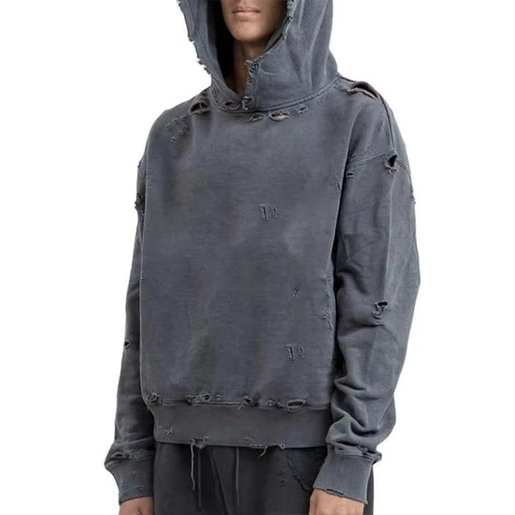 Fashion Design OEM Custom Printed Acid Wash Distressed Vintage Pullover Heavy Weight 500 Gsm 100% Cotton Fleece Hoodie for Men