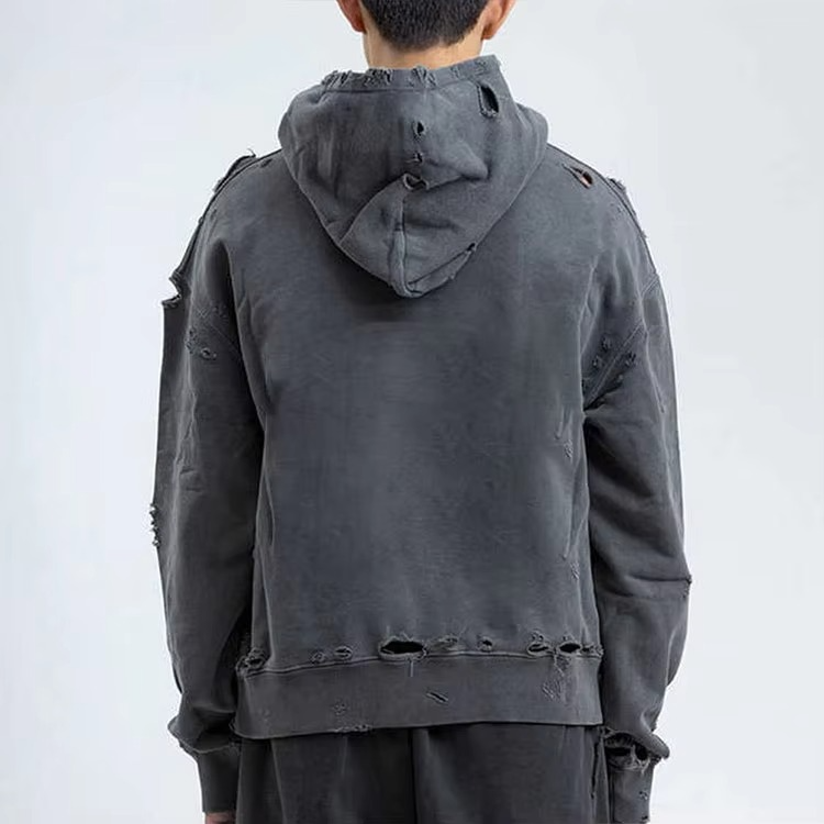 Fashion Design OEM Custom Printed Acid Wash Distressed Vintage Pullover Heavy Weight 500 Gsm 100% Cotton Fleece Hoodie for Men - Image 2