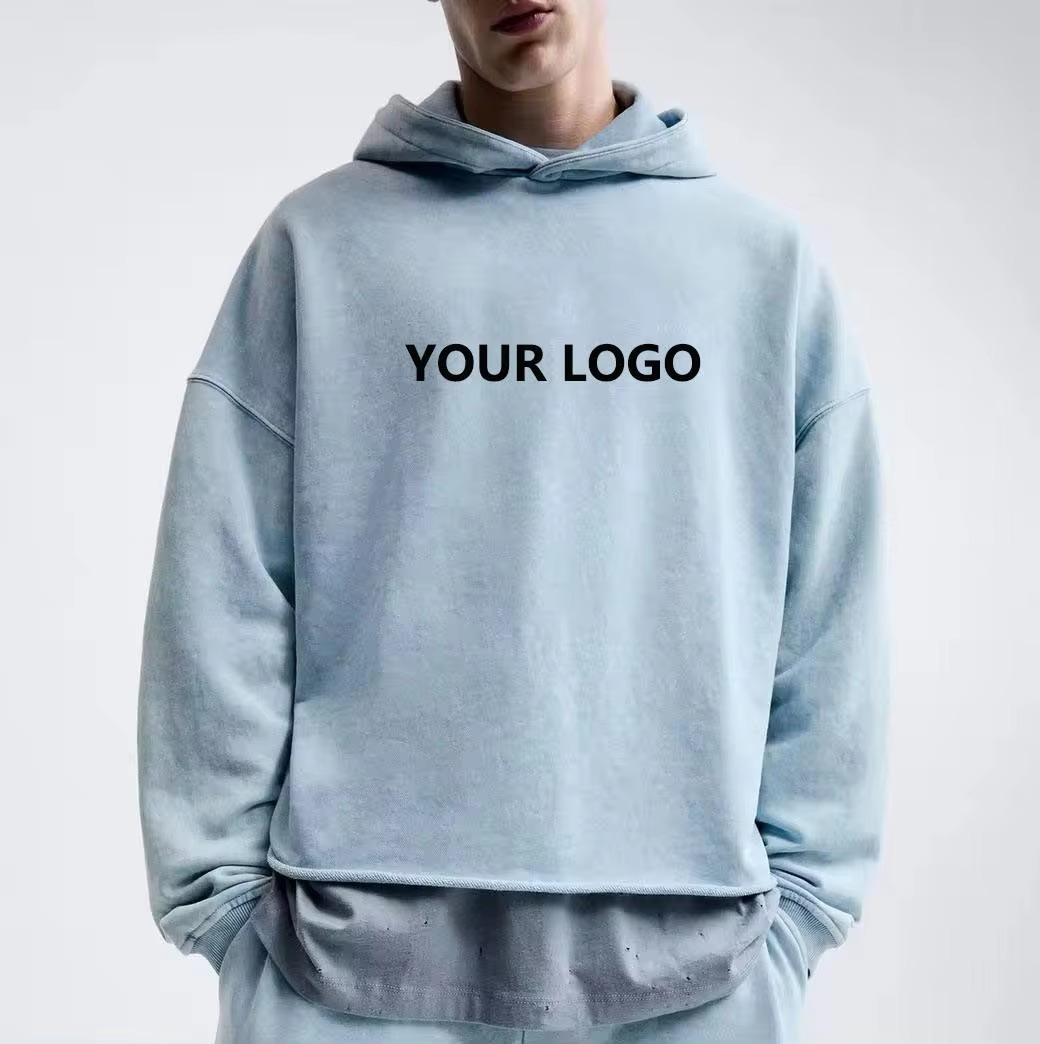 Fashion Streetwear Drop Shoulder Raw Hem Cropped Hoodies Premium 100% Cotton Vintage Acid Wash Oversize Pullover Hoodie