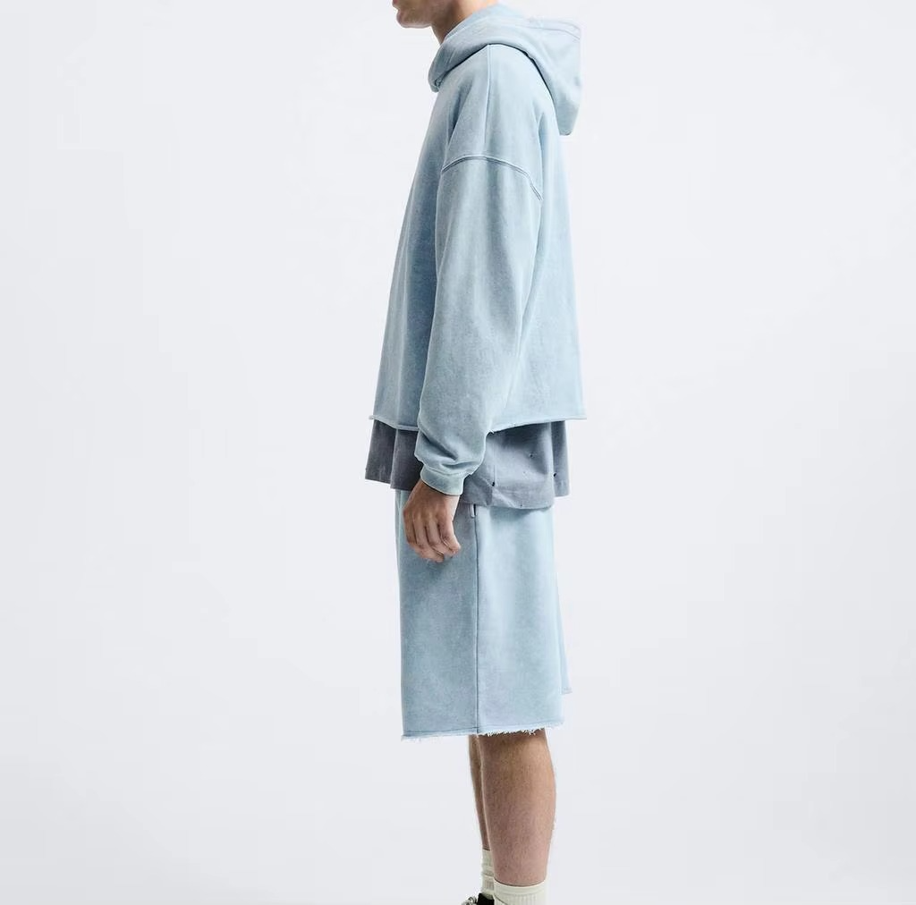 Fashion Streetwear Drop Shoulder Raw Hem Cropped Hoodies Premium 100% Cotton Vintage Acid Wash Oversize Pullover Hoodie - Image 2