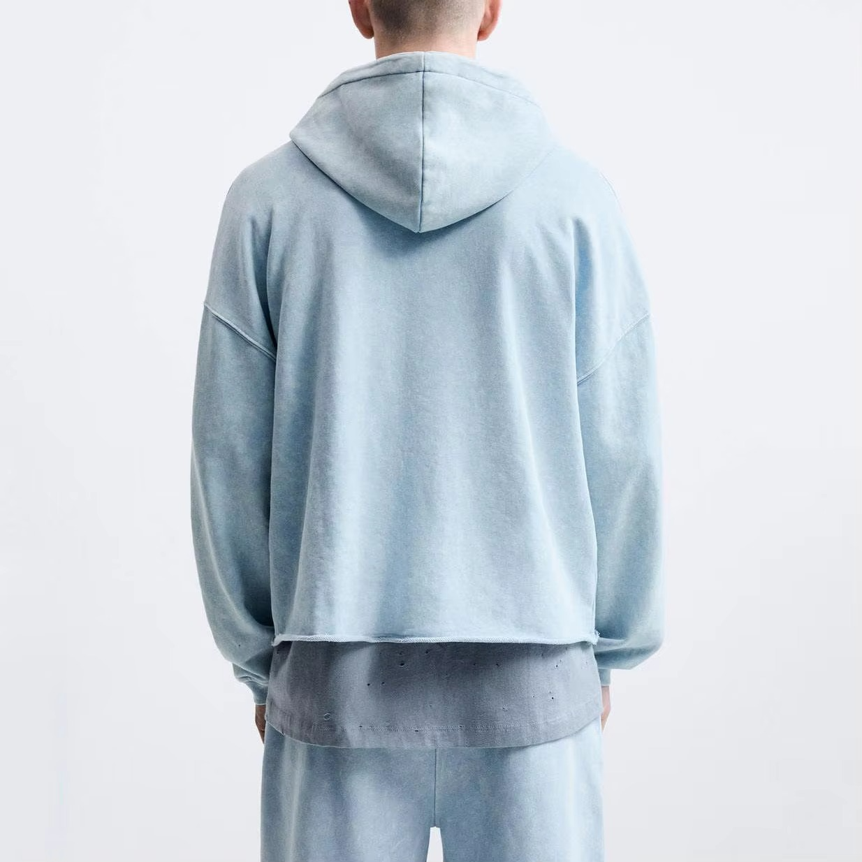 Fashion Streetwear Drop Shoulder Raw Hem Cropped Hoodies Premium 100% Cotton Vintage Acid Wash Oversize Pullover Hoodie - Image 3