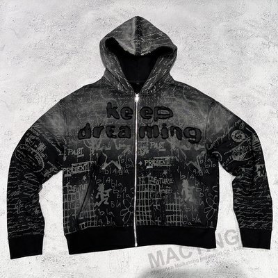 Full Print Vintage Distressed Applique Embroidery Hoodie 800 grams Fabric Weight - Image 2