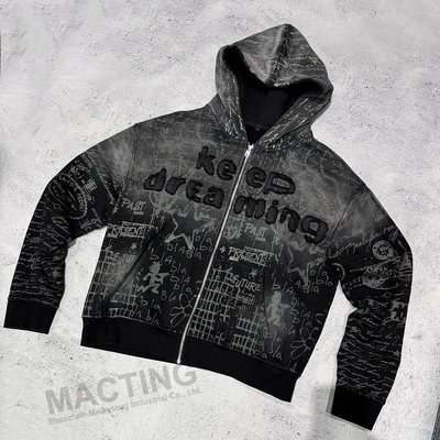 Full Print Vintage Distressed Applique Embroidery Hoodie 800 grams Fabric Weight