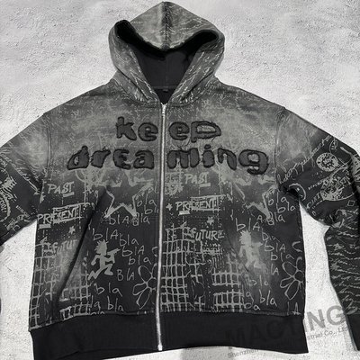 Full Print Vintage Distressed Applique Embroidery Hoodie 800 grams Fabric Weight - Image 4