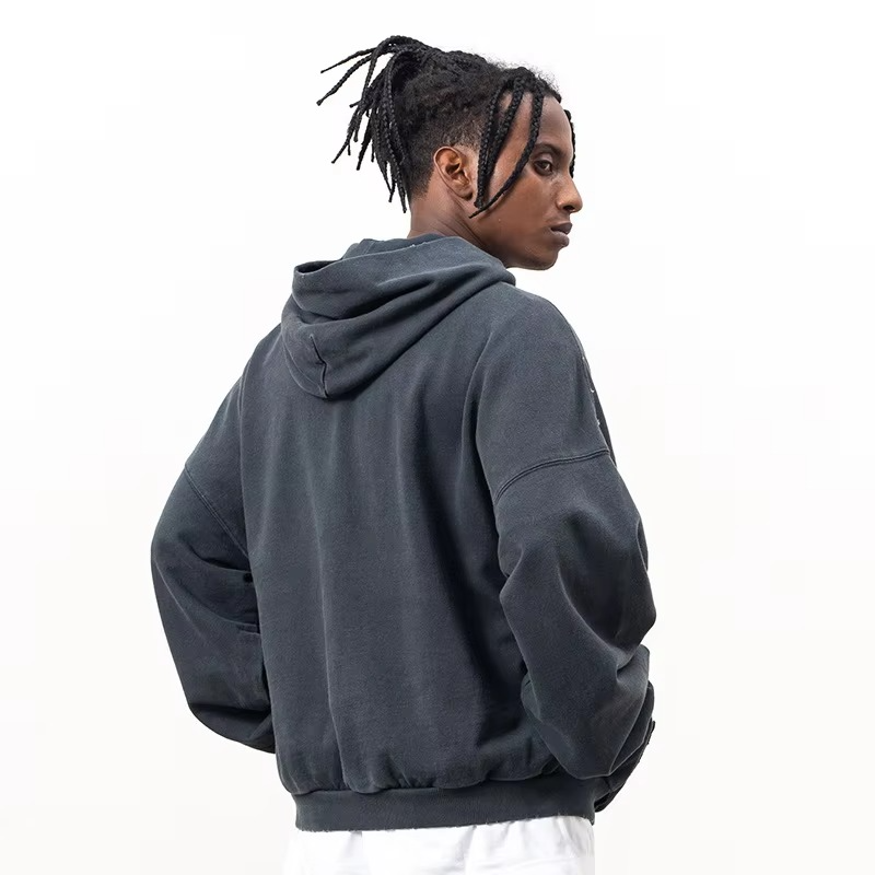 Heavyweight Drop Shoulder Men Pullover Hoodie Distressed Hem Pigment Dye French Terry Hooded Hoodie for Men - Image 5