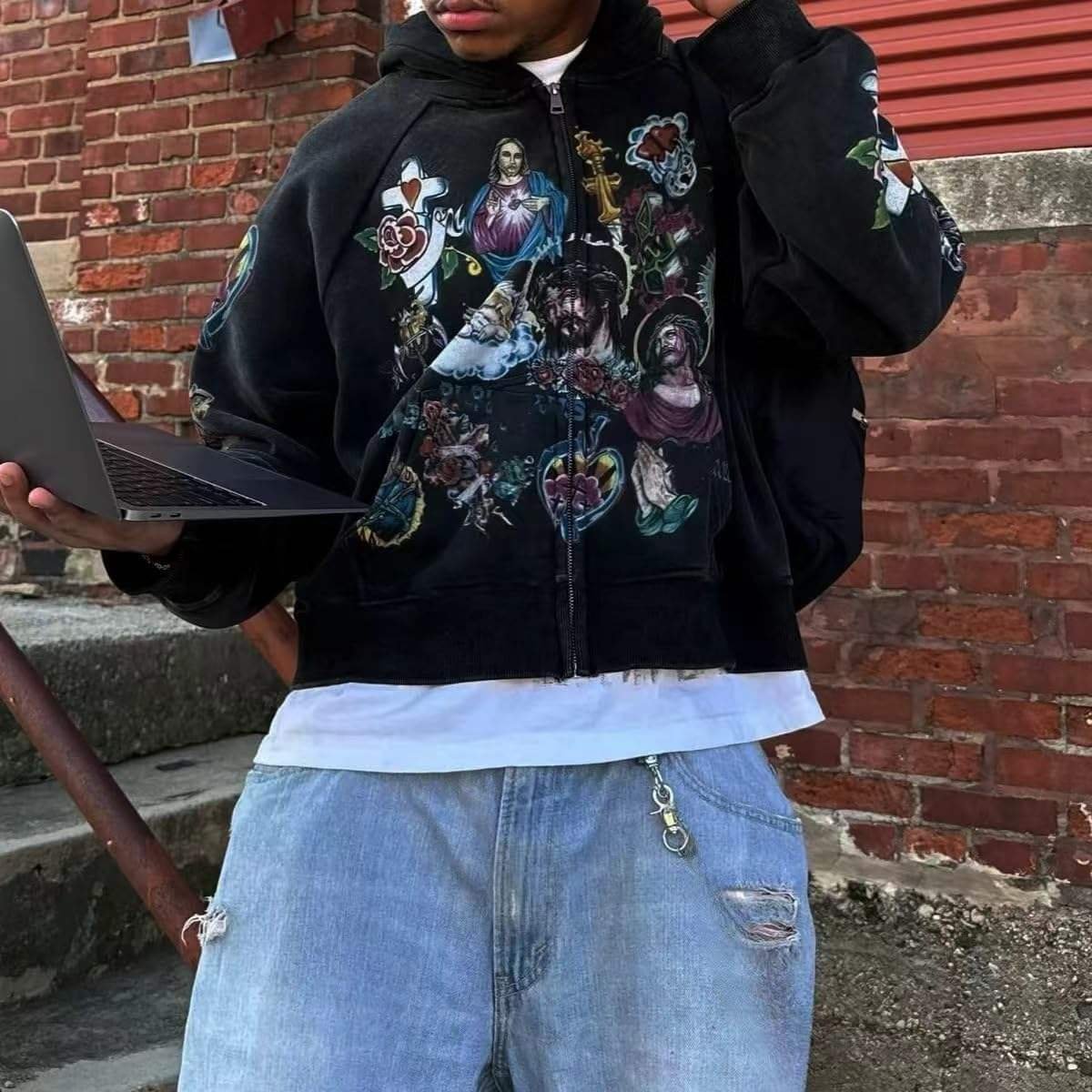 High Quality Custom-Made Men's Hoodies Sweatshirts Fashionable Acid-Washed Rhinestone Design Digital Printing 100% Cotton Moq10 - Image 2