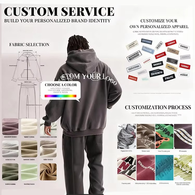 High Quality Men's Distressed Hoodie Oversized Fit Winter Fleece Embossed Print Letter Pattern Design Woven Fabric Pocket ODM - Image 3