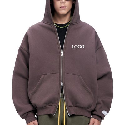 Hooded Collar Printing Streetwear Brown Zip Up Crop Top Hoodie with 500 Gsm
