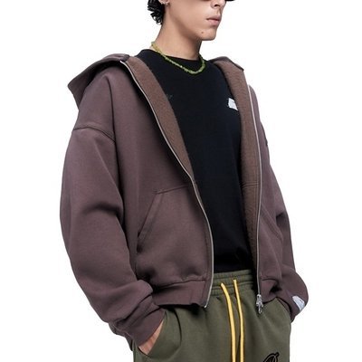 Hooded Collar Printing Streetwear Brown Zip Up Crop Top Hoodie with 500 Gsm - Image 5