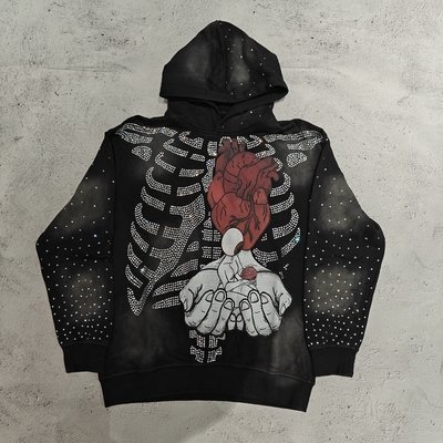 Hoodies Custom High Quality Streetwear Skeleton Skulls Graphic Pullover Vintage Acid Wash Sun Faded Rhinestone Hoodie Men