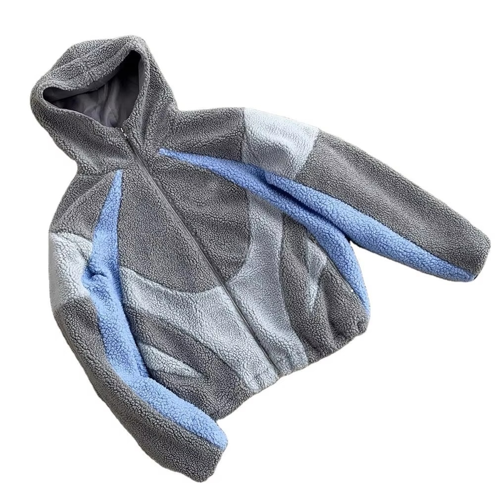 Jieen Garment High Quality Custom Streetwear Color Block Hoodies Oversized Fit Men Zip up Heavyweight Sherpa Fleece Hoodie - Image 3