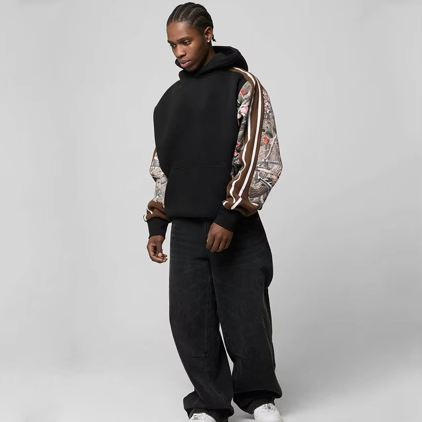 Manufacturers Men'S Hoodies Camo Sleeve 100% Cotton Custom Hoodies Drop Shoulder Heavyweight Oversized Pullover Hoodie for Men - Image 5