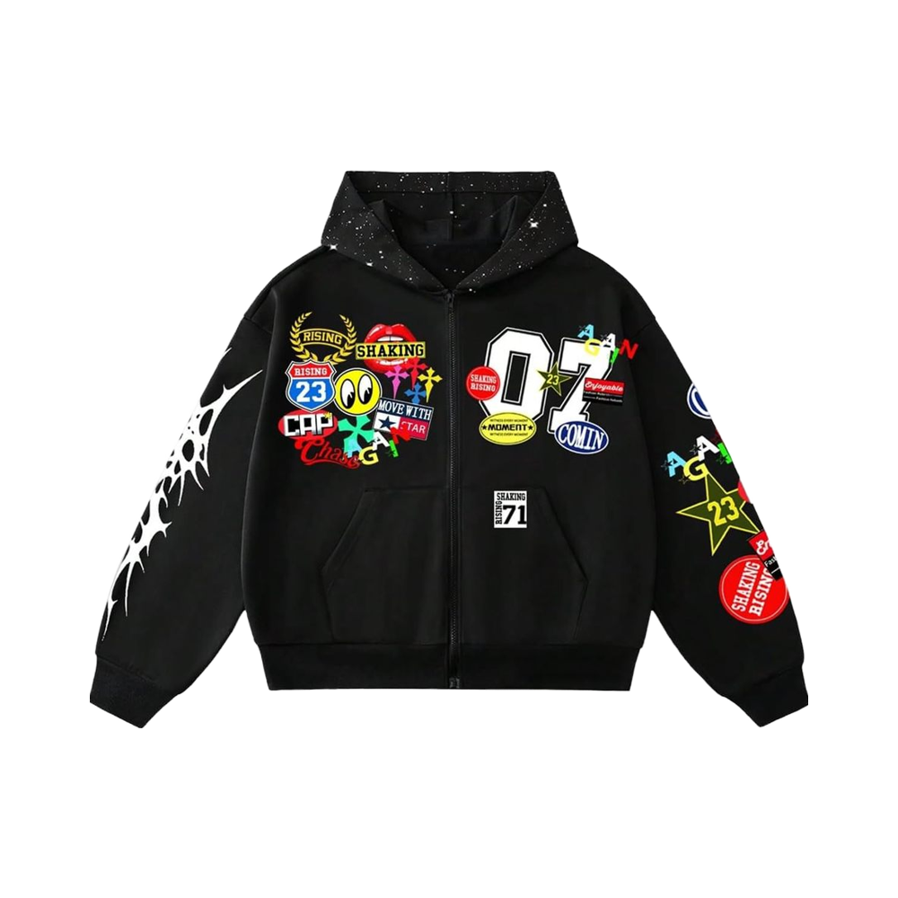 Men's 2026 Black Heart Print Winter Long Zipper-Up Hoodie Regular Fit Customizable 100% Cotton Streetwear Front Logo MOQ10