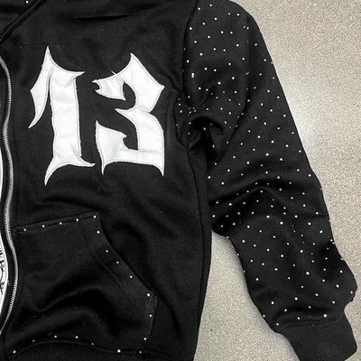 Men'S Cotton French Terry Hoodie Cropped Zip With Acid Wash Embroidery Applique Patch - Image 3