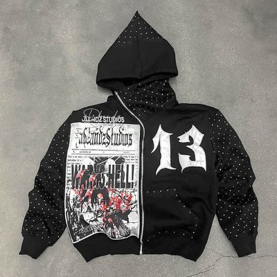 Men'S Cotton French Terry Hoodie Cropped Zip With Acid Wash Embroidery Applique Patch