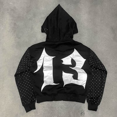 Men'S Cotton French Terry Hoodie Cropped Zip With Acid Wash Embroidery Applique Patch - Image 4