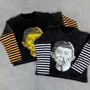 Men's Double Layer Long Sleeve T Shirt Custom Acid Wash 350gsm Heavyweight Graphic Tee with Stripe Print