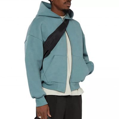 Men's Double Zipper Hoodie in Vintage Washed Style with Drop Shoulder and Cropped Design - Image 4